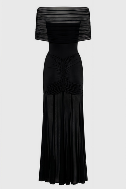 Nivenae Slinky And Mesh Off Shoulder Maxi Dress