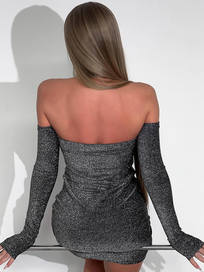 Glitter Bodycon Dresses Long Sleeves Cold Shoulder Birthday Party Mini Dresses