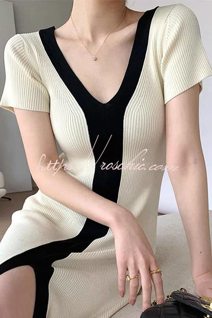 Fashionable V-neck Slim Fit Waist Knitted Midi Dress