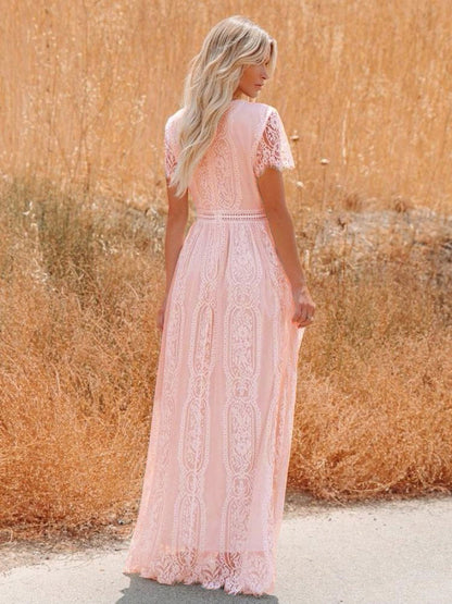 V-Neck Maxi Dress Half Sleeves Lace Bohemian Floor Length Dress