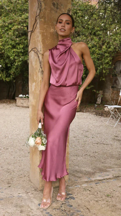 Cowl Neck Draped Satin Bias Cut Midi Dress