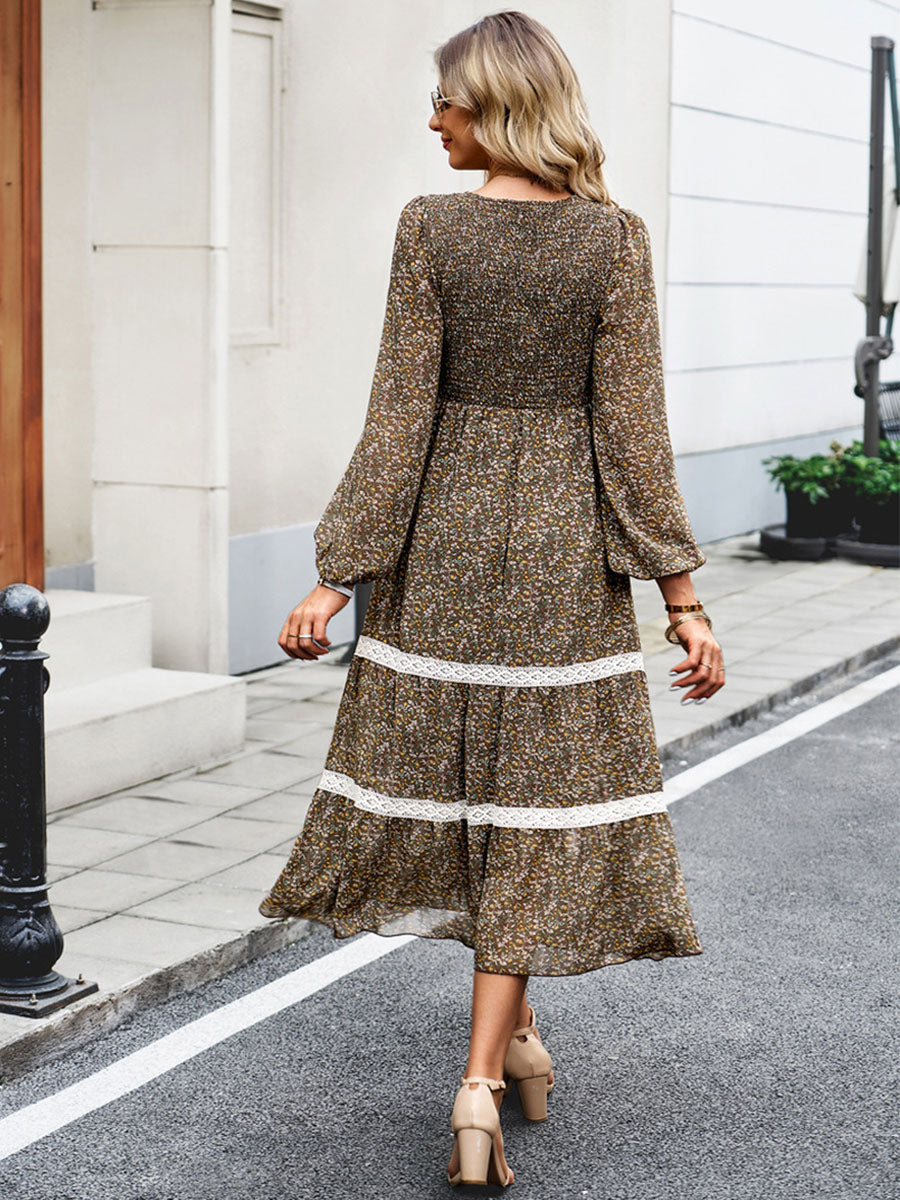 Floral Dress Layered Jewel Neck Long Sleeves Fall Midi Dress