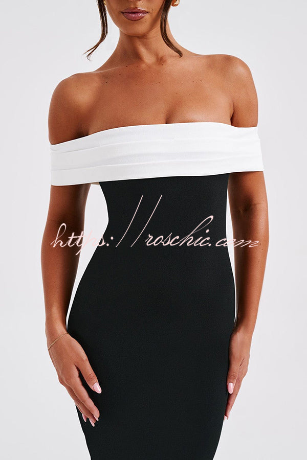 Bex Colorblock Pleated Bardot Neck Strapless Formal Stretch Midi Dress