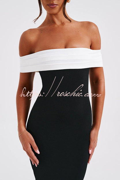 Bex Colorblock Pleated Bardot Neck Strapless Formal Stretch Midi Dress