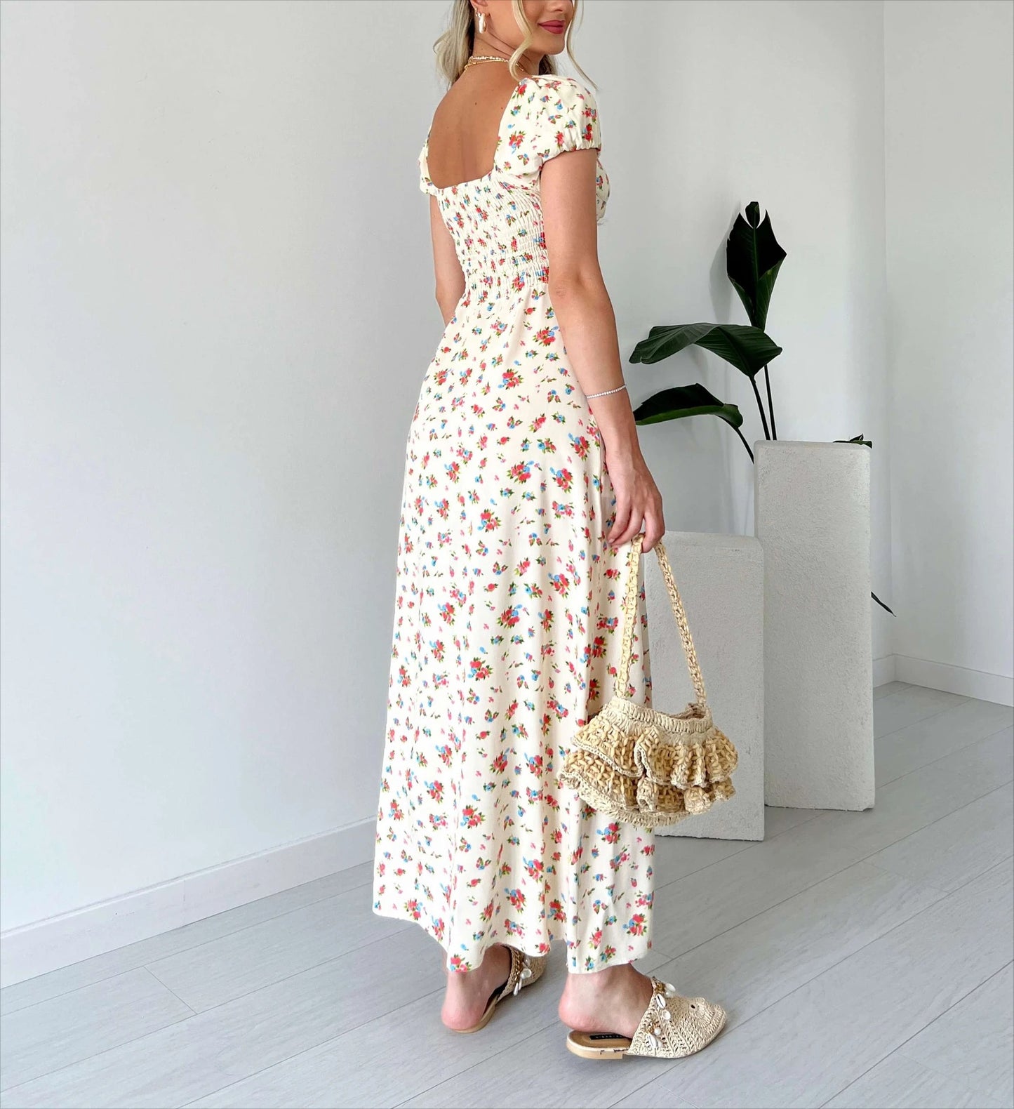 Floral Print Smocked Midi Dress