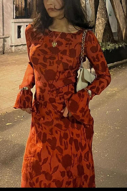 Bell Long Sleeves Floral Print Maxi Dress