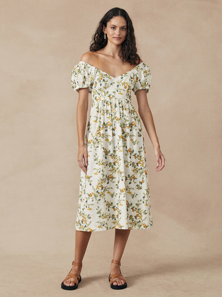 Boho Dress Bateau Neck Short Sleeves Pleated Summer Casual Midi Dresses