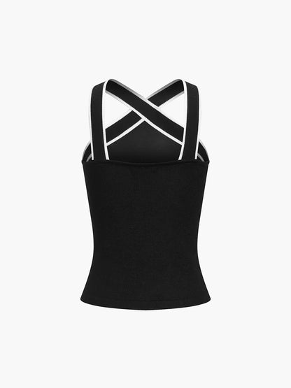 Contrast Color Cross V-neck Sling Top