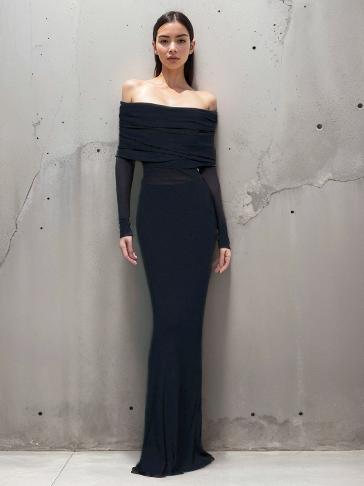 Off Shoulder Ruched Band Mesh Waist Panel Long Sleeve Maxi Dress