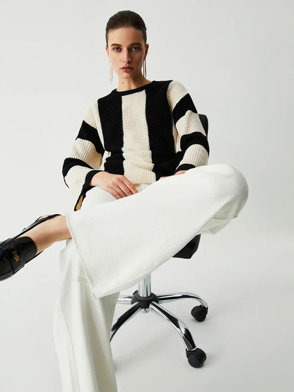 Hollow Pointelle Stripe Sweater