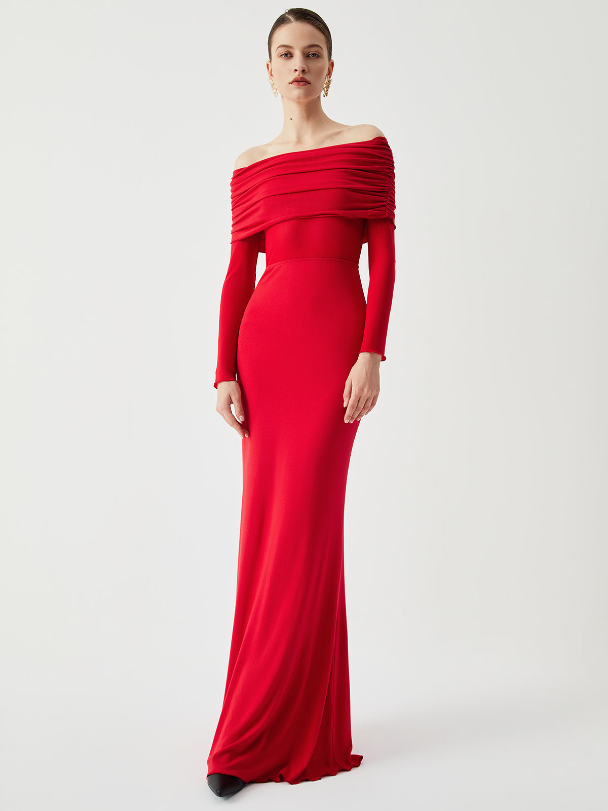 Off Shoulder Ruched Band Mesh Waist Panel Long Sleeve Maxi Dress