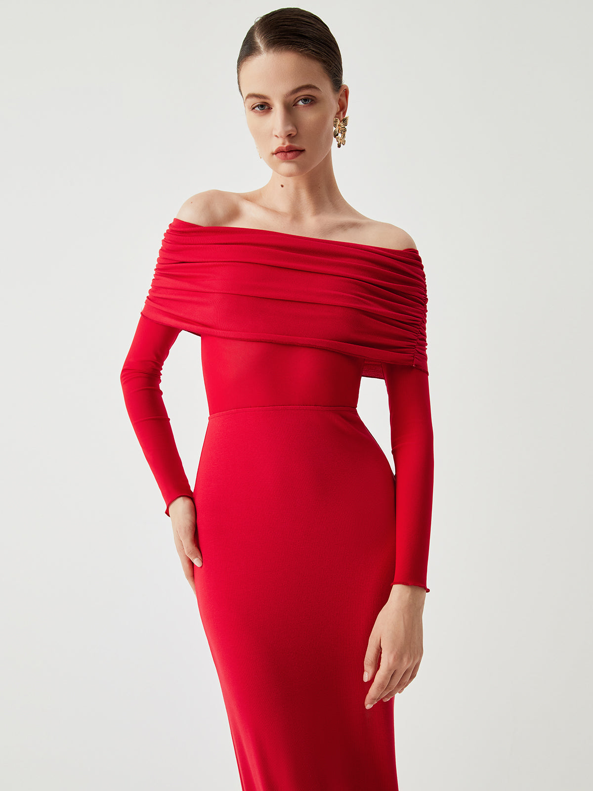 Off Shoulder Ruched Band Mesh Waist Panel Long Sleeve Maxi Dress