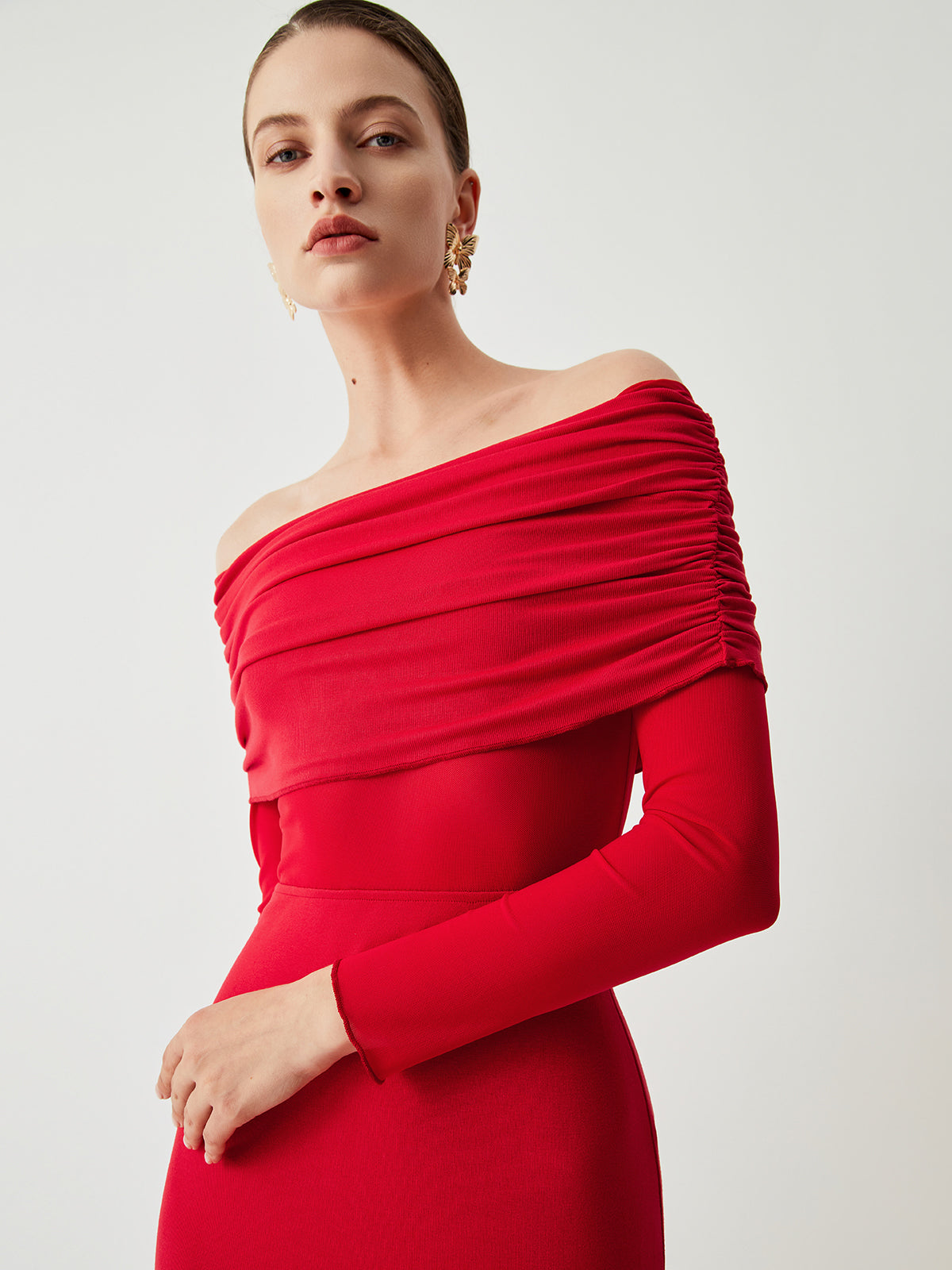 Off Shoulder Ruched Band Mesh Waist Panel Long Sleeve Maxi Dress