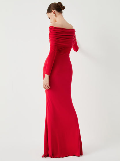 Off Shoulder Ruched Band Mesh Waist Panel Long Sleeve Maxi Dress