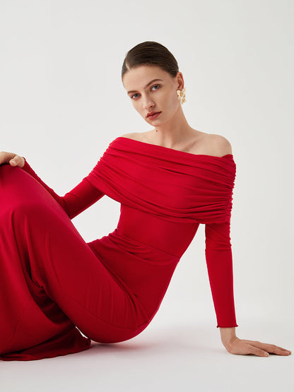 Off Shoulder Ruched Band Mesh Waist Panel Long Sleeve Maxi Dress