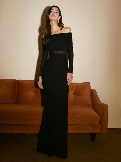 Off Shoulder Ruched Band Mesh Waist Panel Long Sleeve Maxi Dress