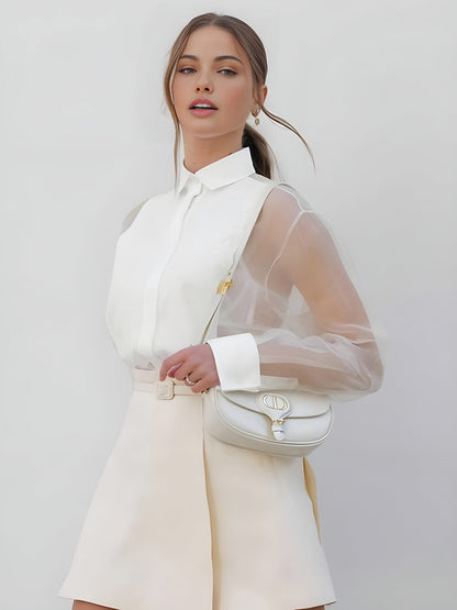 Semi-Sheer Puff Sleeve Organza Shirt