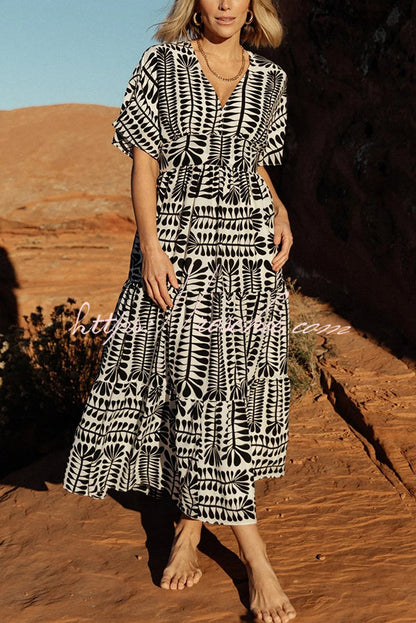Bohemian Style Unique Printed Short Sleeve High Waist Midi Dress