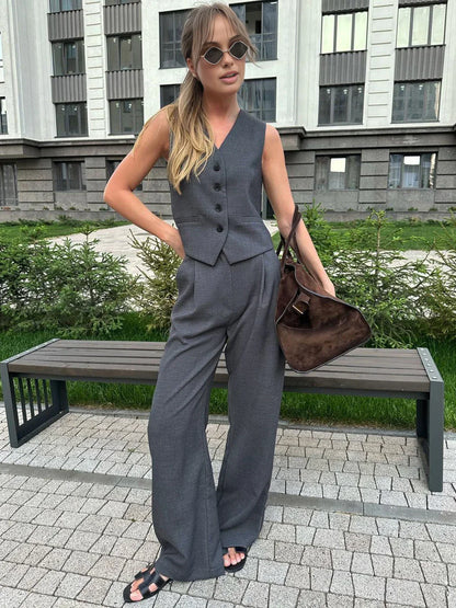 Casual Style Vest & Pants Matching Suit
