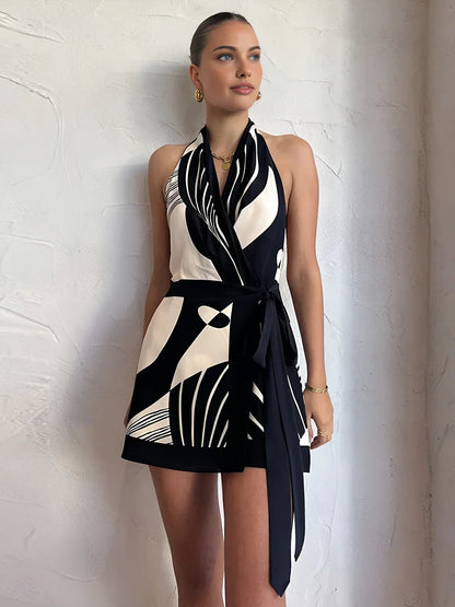 Contrast Color Print Halter Belted Short Dress