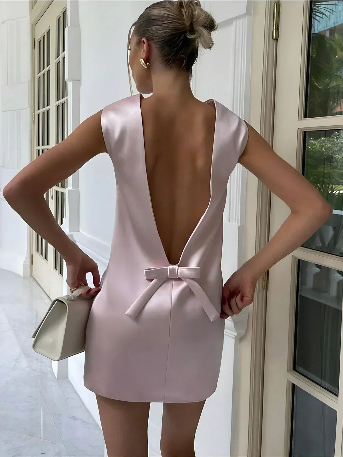 Sleeveless Bow Neck Satin Shift Mini Dress
