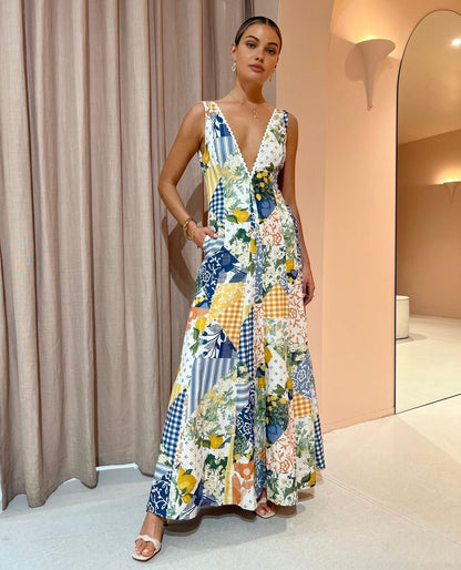 Boho Patchwork Print Maxi Dress – Lemon Garden Edition