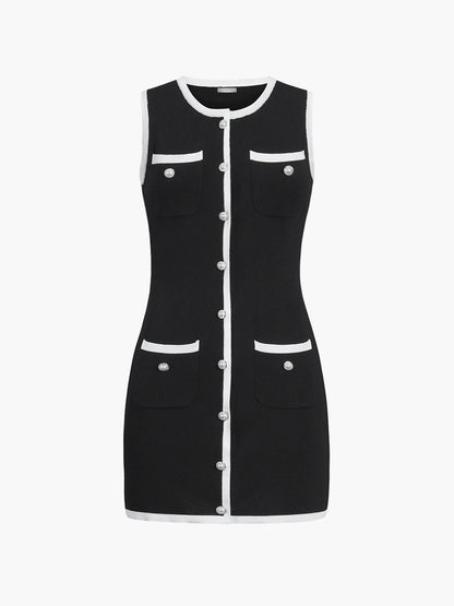 Pearl Button Contrast Trim Mini Dress