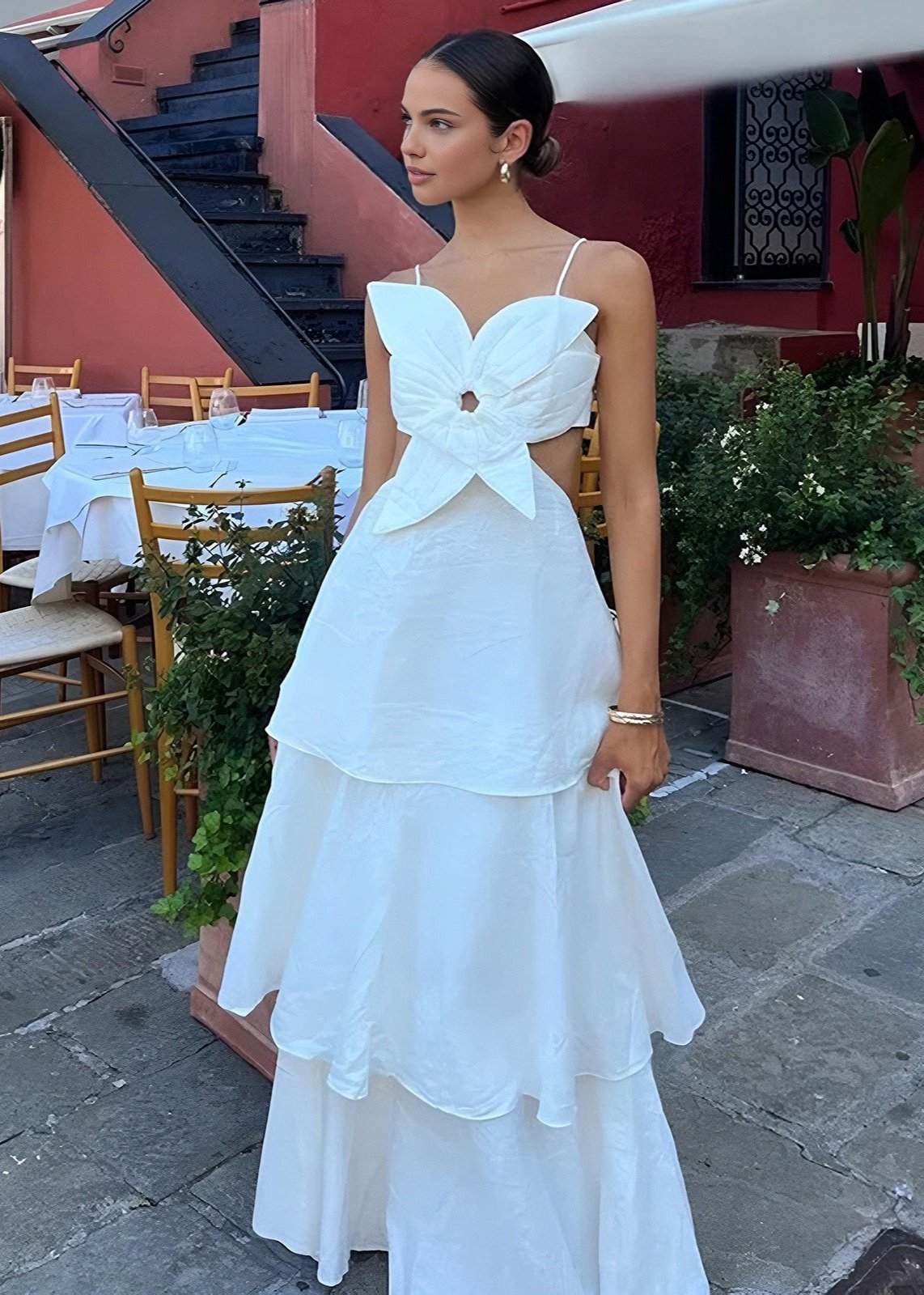 Spaghetti Strap Bow Front Ring Detail Waist Cutout Tiered Maxi Dress