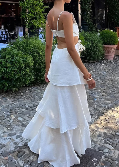 Spaghetti Strap Bow Front Ring Detail Waist Cutout Tiered Maxi Dress
