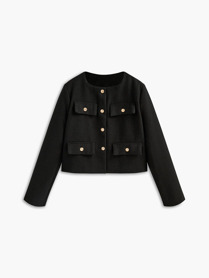 Maison Black Tweed Jacket | Gold Buttons | Structured Short Fit