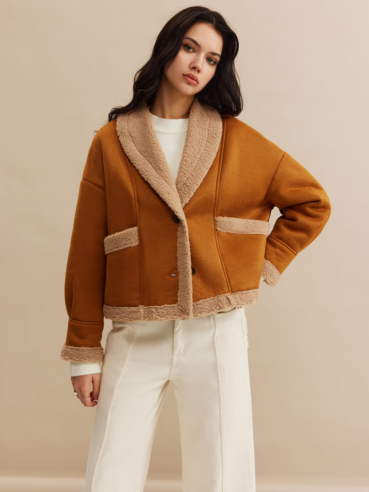 Maison Camel Contrast Jacket | Fold Collar | Soft Textured Finish