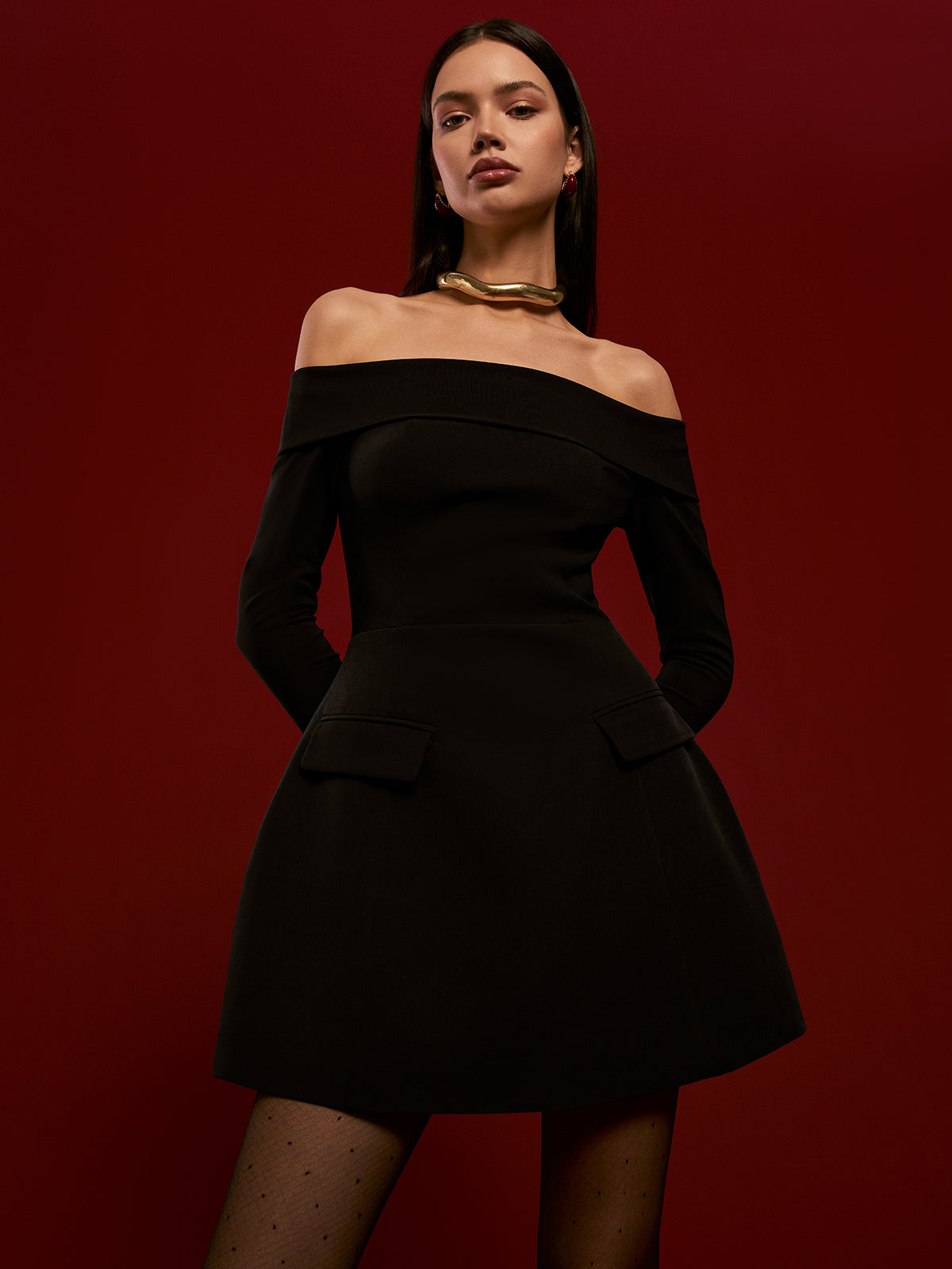| Off-Shoulder Pleated Mini Dress
