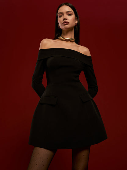 | Off-Shoulder Pleated Mini Dress