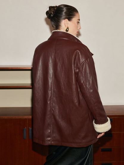 Atelier Faux Leather Aviator Coat | Shearling Lining | Belted Waist