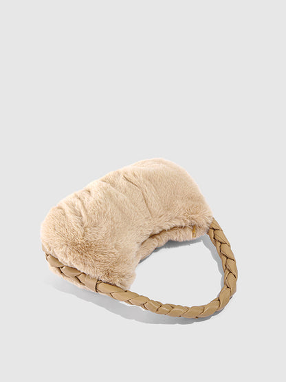 Plush Braid Handle Faux Fur Shoulder Bag