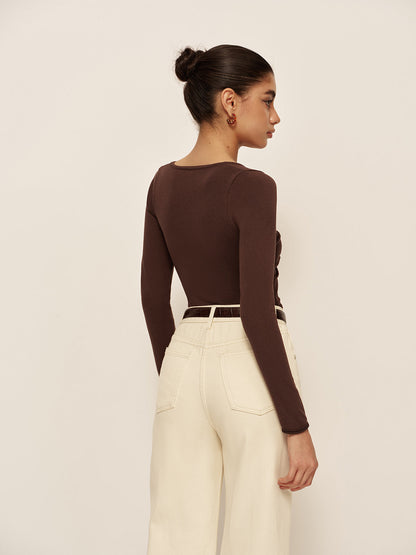 V-Neck Cutout Pleated Slim Knit Top