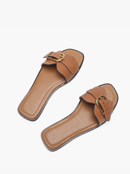 Cognac Buckle Slide Sandals