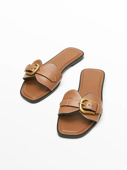 Cognac Buckle Slide Sandals