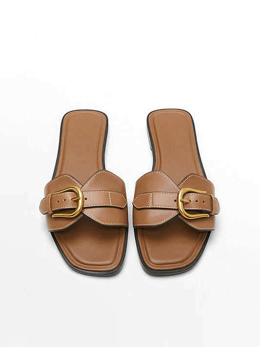 Cognac Buckle Slide Sandals