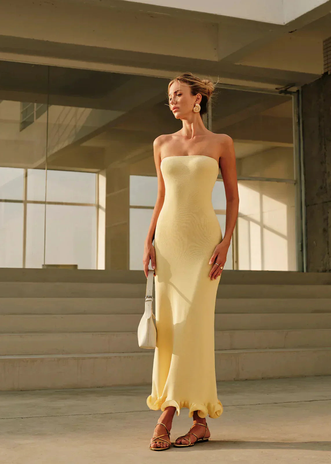 Strapless Rib Knit Sculpted Fluted Ruffle Hem Bodycon Maxi Dress