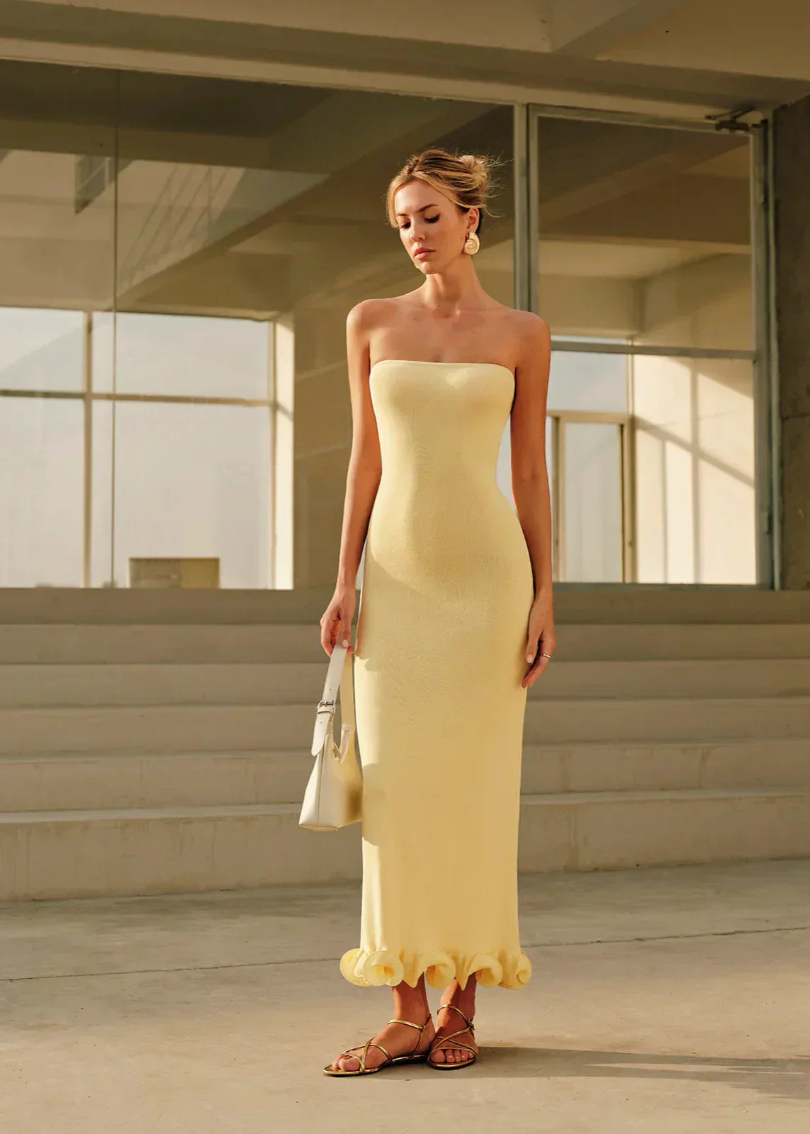 Strapless Rib Knit Sculpted Fluted Ruffle Hem Bodycon Maxi Dress