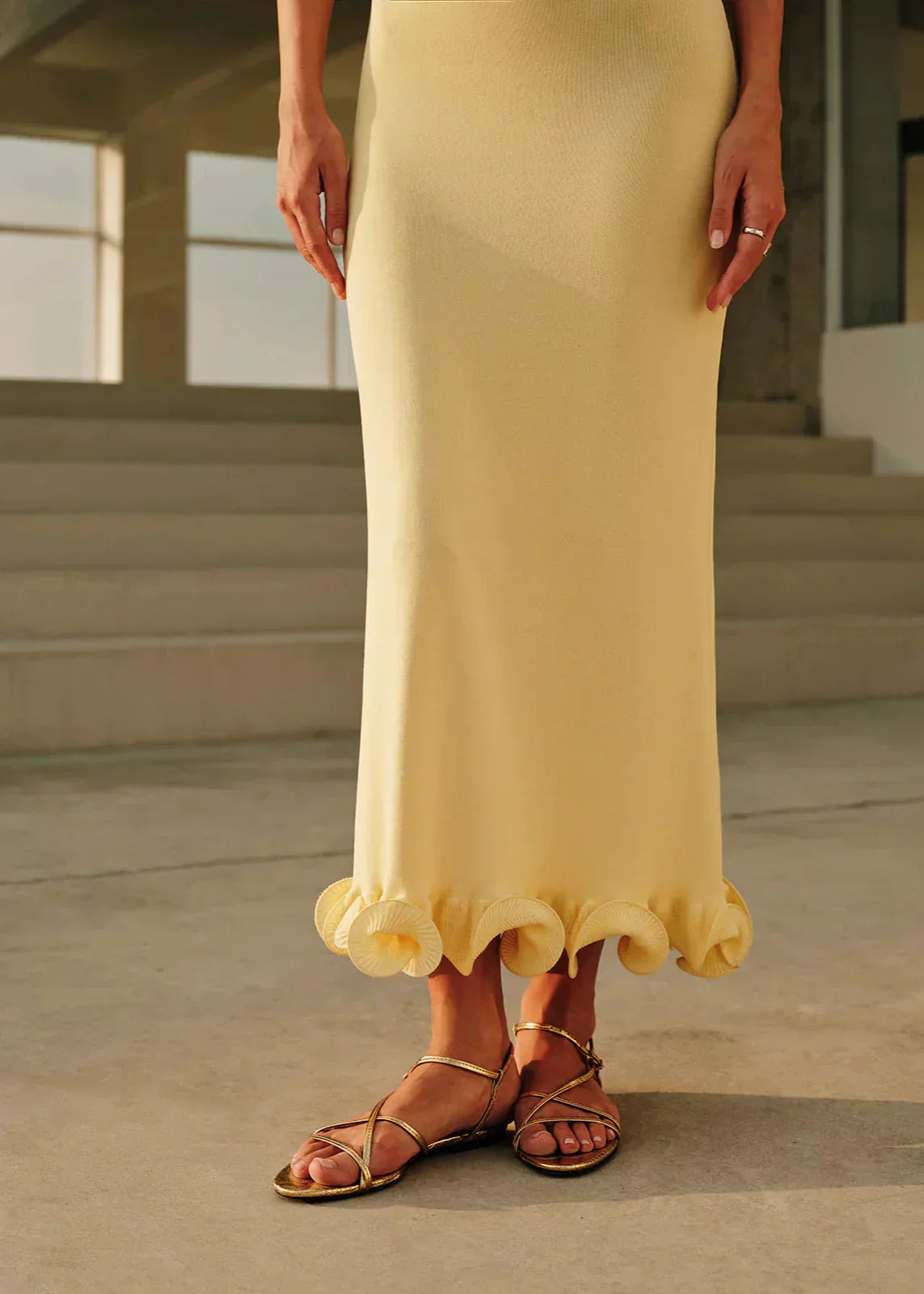 Strapless Rib Knit Sculpted Fluted Ruffle Hem Bodycon Maxi Dress
