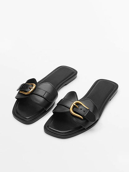Cognac Buckle Slide Sandals