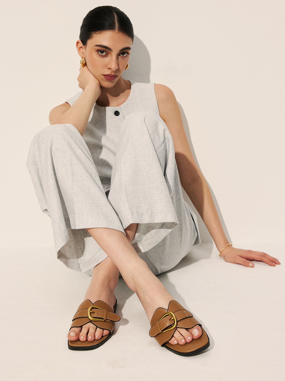 Cognac Buckle Slide Sandals