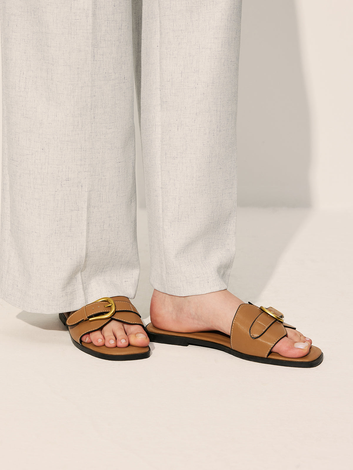 Cognac Buckle Slide Sandals