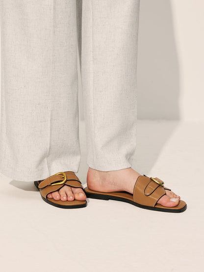 Cognac Buckle Slide Sandals