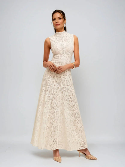 Half Turtleneck Sleeveless Semi-Sheer Lace Dress