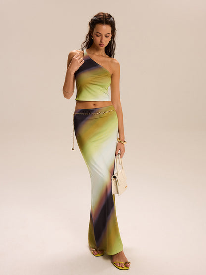 Gradient Print One-Shoulder Skirt Set