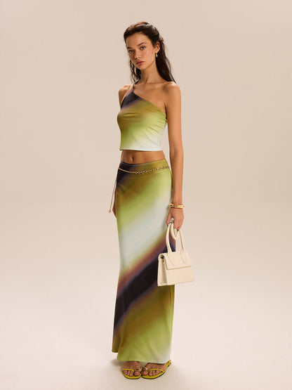 Gradient Print One-Shoulder Skirt Set