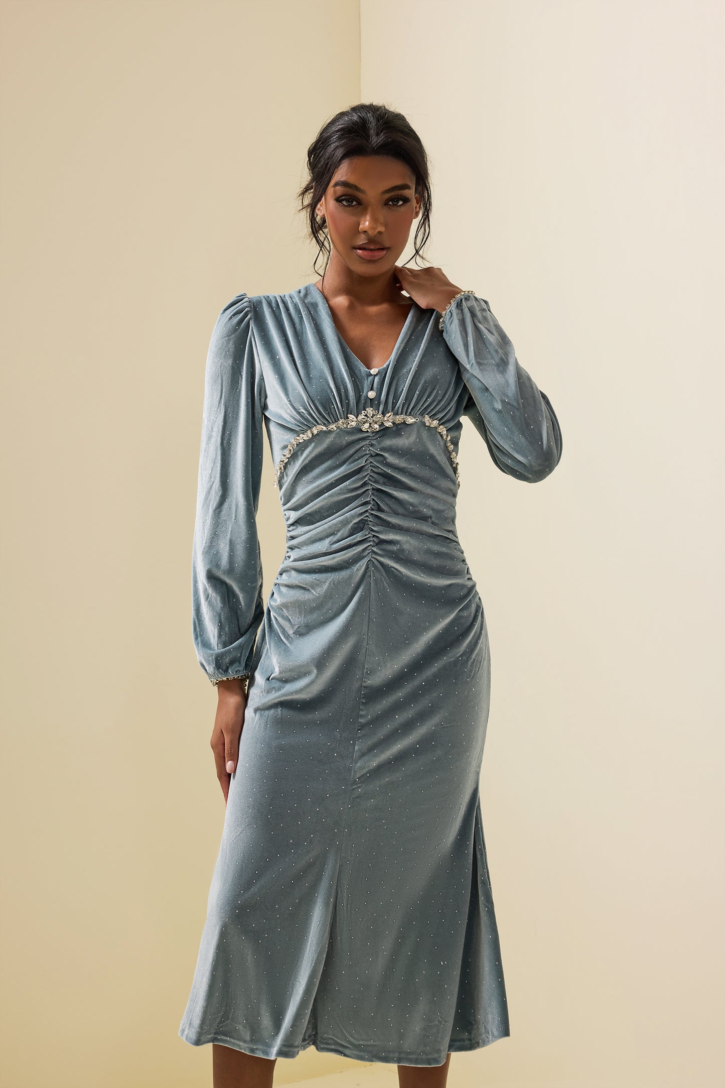 Solid Velvet Rhinestone Midi Dress